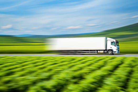 A hyper-modern delivery truck showcases its aerodynamic curves while speeding through a vibrant green landscape, symbolizing efficiency in transportation and logistics.
