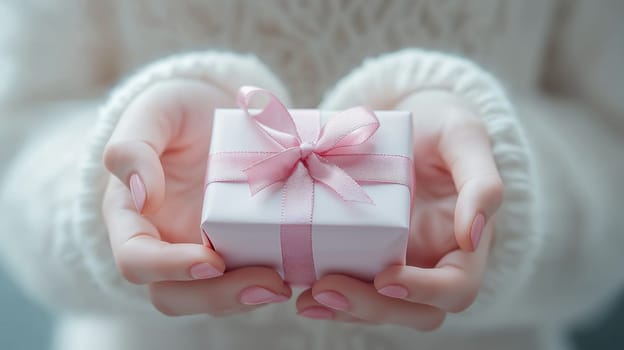 Woman wearing white sweater is holding a small white gift box with a pink ribbon for International Woman's Day, celebrating female empowerment and achievements
