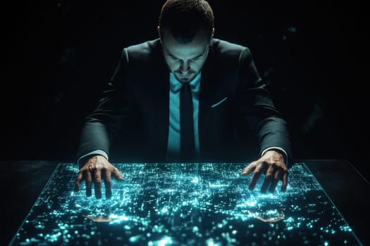 A focused government official in a suit analyzes glowing data on a futuristic table. This captivating scene represents modern technology and strategic planning.