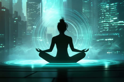 This image features a silhouette meditating within a holographic interface, surrounded by urban architecture, depicting a serene blend of technology and tranquility.