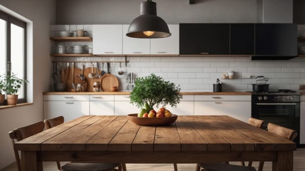 Rustic kitchen interior with wooden table in the foreground. Blurred background with kitchen utensils and decorations on shelves and counter. There is a bowl of oranges and broccoli on the table.