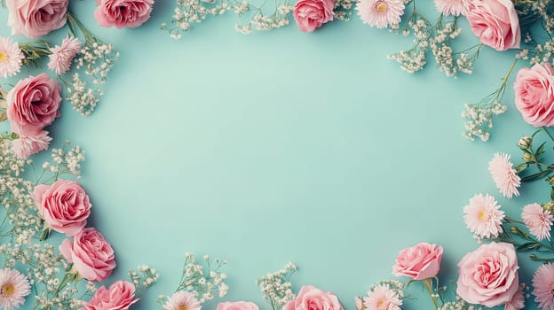 Delicate pink roses and gypsophila flowers form a beautiful frame on a turquoise background, creating a perfect setting for International Woman's Day celebrations with copy space