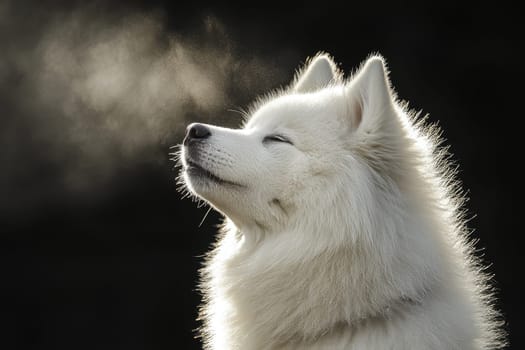 This captivating image showcases a luminous Samoyed puppy gracefully shaking off water droplets, exuding an aura of freshness and joy in natural light.