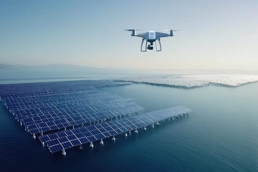 A futuristic solar farm featuring floating panels monitored by an AI drone, showcasing innovative technology in renewable energy on serene waters.