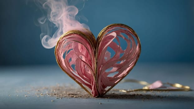 Burning pink paper heart on light blue background. Isolated on a blue background.