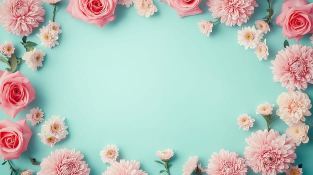 Pink roses and chrysanthemums are beautifully arranged on a turquoise background, creating a delicate and elegant floral frame perfect for International Woman's Day or other spring celebrations