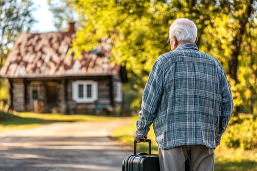 An elderly man walks away from a rustic cabin holding a black suitcase. The scene conveys themes of travel and nostalgia, surrounded by picturesque nature.