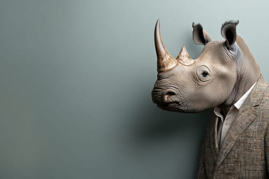This unique image features a confident rhinoceros wearing a stylish linen blazer, set against a calming background. A creative blend of fantasy and fashion.