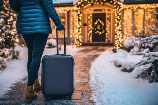 A serene homecoming scene features a traveler with a suitcase ready to enter a beautifully decorated house adorned with festive lights
