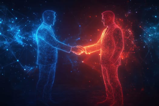 A futuristic digital landscape shows two executives in a handshake, symbolizing negotiation and partnership. This abstract image represents innovation and collaboration in business.