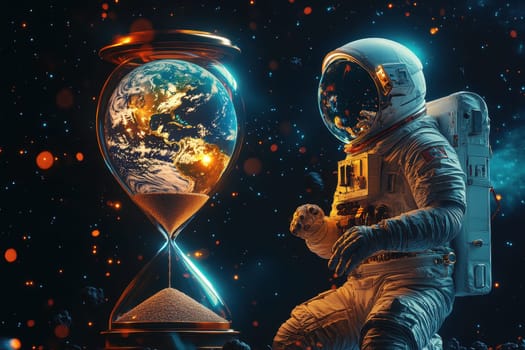 An astronaut interacts with an hourglass that contains Earth, symbolizing the passage of time in the vastness of space. This imaginative artwork blends technology with cosmic beauty.