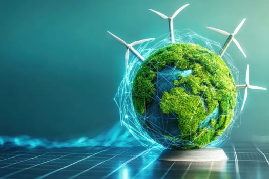 Experience a vibrant and futuristic globe adorned with neon energy currents and wind turbines, symbolizing sustainable innovation and a cleaner future.