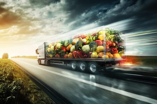 A powerful delivery truck races against time on an open road, carrying a vibrant load of fresh vegetables. The image captures the essence of speed and efficiency in transportation.