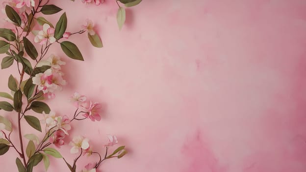 Delicate pink floral arrangement creates a beautiful border on a textured pink background, offering ample copyspace perfect for adding text or other design elements