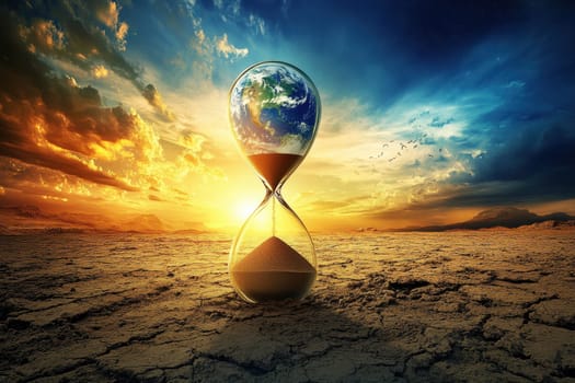 Capture a stunning sunrise scene featuring an hourglass with Earth inside, symbolizing the passage of time, beauty, and the endless cycle of life in a dramatic landscape.