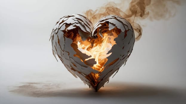 The image features a white heart engulfed in flames against a gray background. This striking visual symbolizes passion, love, and intensity, making it ideal for various creative projects.