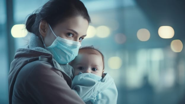 Mother and Baby Wearing Medical Masks for Coronavirus Protection Together.