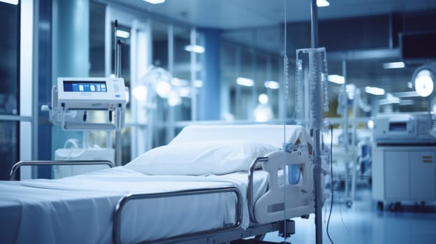 Modern hospital room interior with empty bed and medical equipment.
