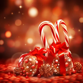 This image features two upright candy canes and two present boxes with red ribbons on a vibrant red background, creating a warm and festive atmosphere for holiday-themed projects.