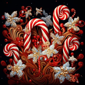 This image showcases red and white candy canes, flowers, and ornaments on a dark background. The candy canes spiral, creating a festive, holiday feel suitable for social media or websites.