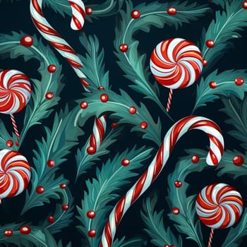 A delightful assortment of red and white candy canes and lollipops arranged beautifully on a backdrop of dark green holly leaves adorned with vibrant red berries, perfect for the holiday season.