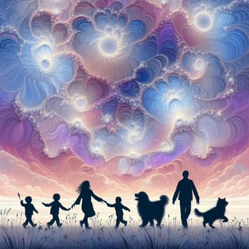 artificial intelligence generated fractal artwork of a family and pet in silhouette walking in a single row with a beautiful purple lavender blue horizon.