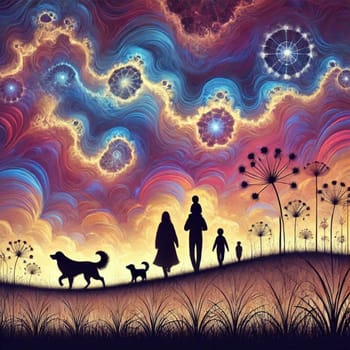 artificial intelligence generated fractal artwork of a family and pet in silhouette walking in a single row with a beautiful purple lavender blue horizon.