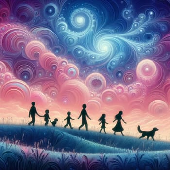 artificial intelligence generated fractal artwork of a family and pet in silhouette walking in a single row with a beautiful purple lavender blue horizon.