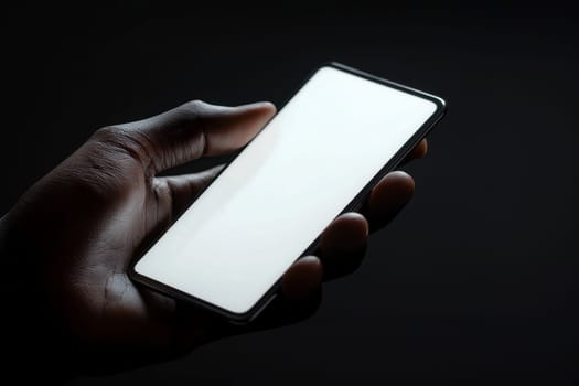 A hand holding a cell phone on blank white screen with a black background..