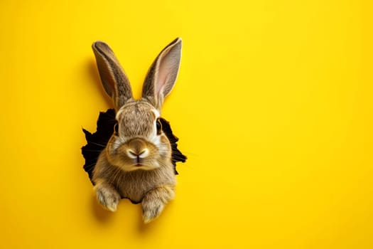Adorable bunny peeking from a hole against bright yellow backdrop for a joyful easter theme..