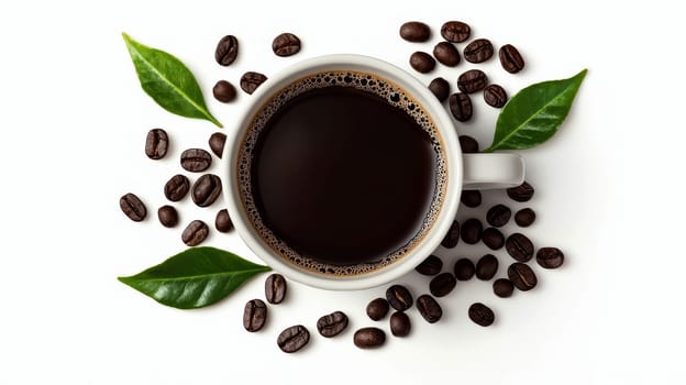 A white coffee cup with a leaf on top and coffee grounds around it..