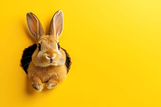 Adorable bunny peeking from a hole against bright yellow backdrop for a joyful easter theme..