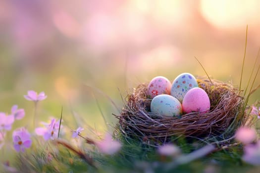 A nest of eggs is sitting on a grassy field. happy easter day concept..
