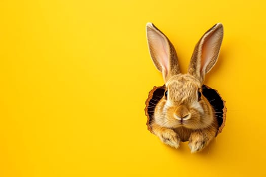 Adorable bunny peeking from a hole against bright yellow backdrop for a joyful easter theme..
