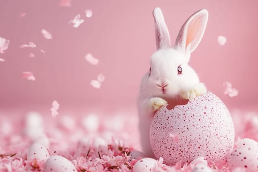 White Easter bunny with broken eggshell. Pink composition with bunny, eggs and petals on pink background for Easter holiday.