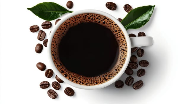 A white coffee cup with a leaf on top and coffee grounds around it..