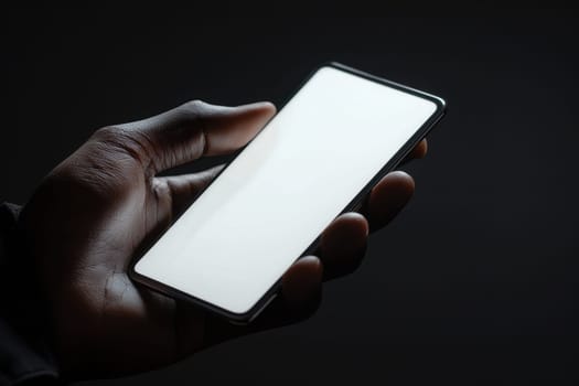 A hand holding a cell phone on blank white screen with a black background..