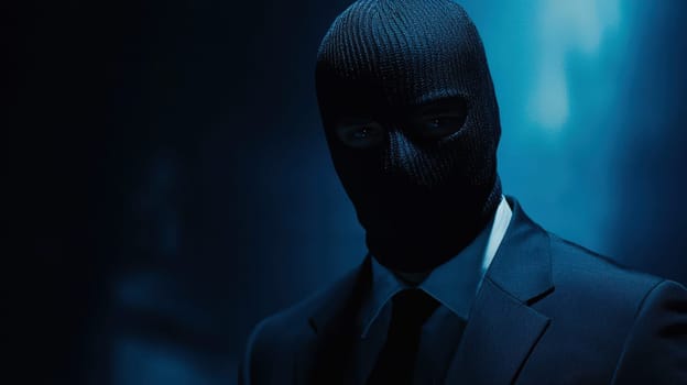 A man wearing a black mask and a suit on dark blue isolated background..