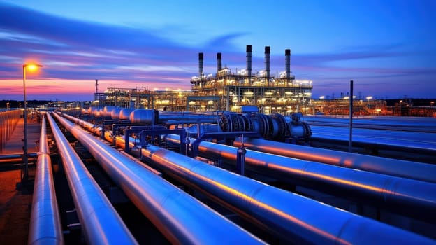 A large industrial area with many pipes and a sunset in the background..