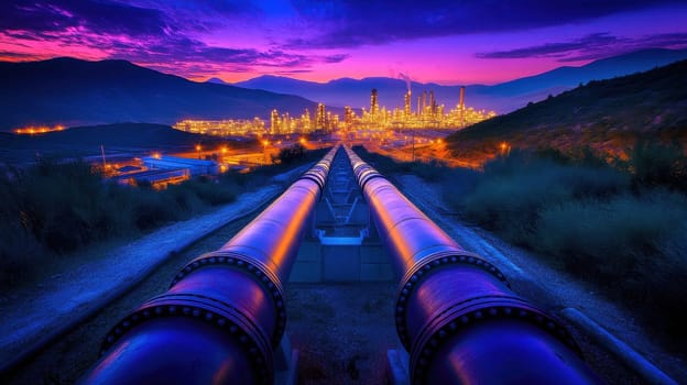A large industrial area with many pipes and a sunset in the background..