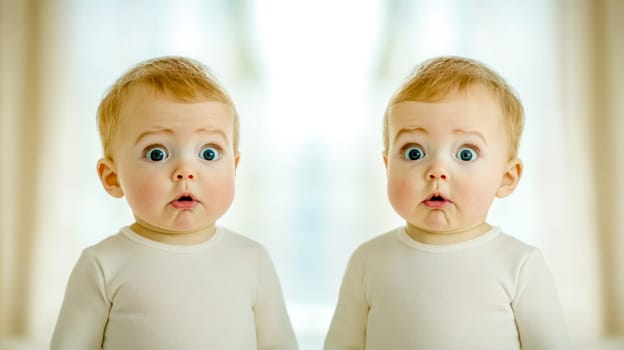 Two identical twin babies are standing in front of a mirror, their reflections perfectly mimicking their wide eyed, open mouthed expressions of surprise