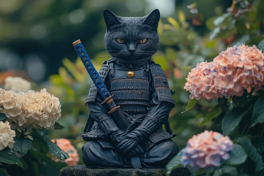 Samurai cat in the flowering garden of japan