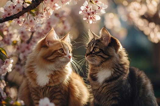 Two cats are sitting under a blossoming sakura tree in the garden in spring. Spring is coming.