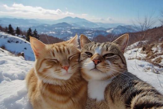 A couple of cats take a selfie together on a smartphone camera while on holiday in the mountains. Funny cats