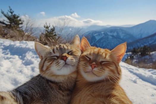 A couple of cats taking a selfie together on a smartphone camera against the backdrop of snowy mountains. Funny cats in the mountains.