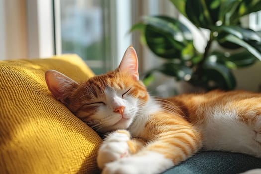 Domestic red cat sleeps sweetly on a pillow in the sun. Cozy photo of a cat at home.