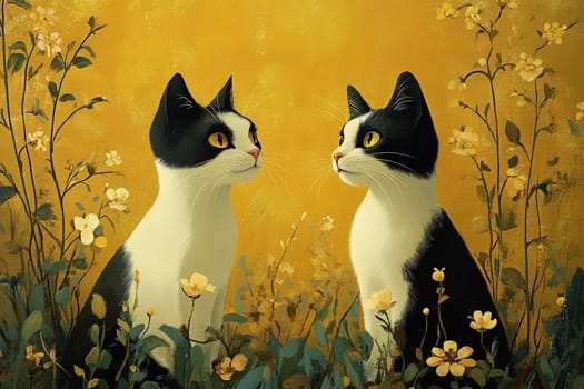 Two identical black and white cats sit opposite each other. Cats on a yellow background greet spring. Drawing.