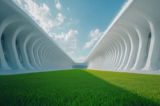 Modern sports stadium with white columns and lush green lawn on a sunny clear day.
