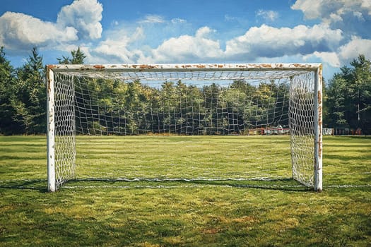 Old football goal with peeling paint and net in rural area