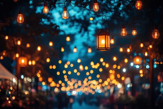 Abstract blurred image of garland and lights on the street of the night city. Blurred background of the street festival.